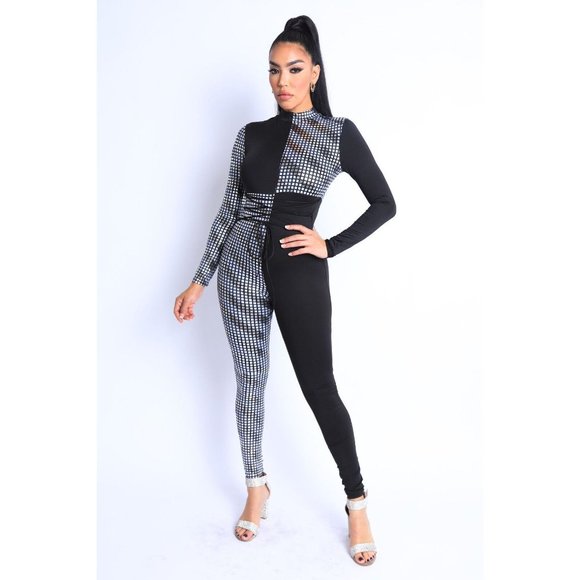 Pants - Women's Mosaic Colorblock Tie Detailed Jumpsuit Party Club Lounge Jumpsuit